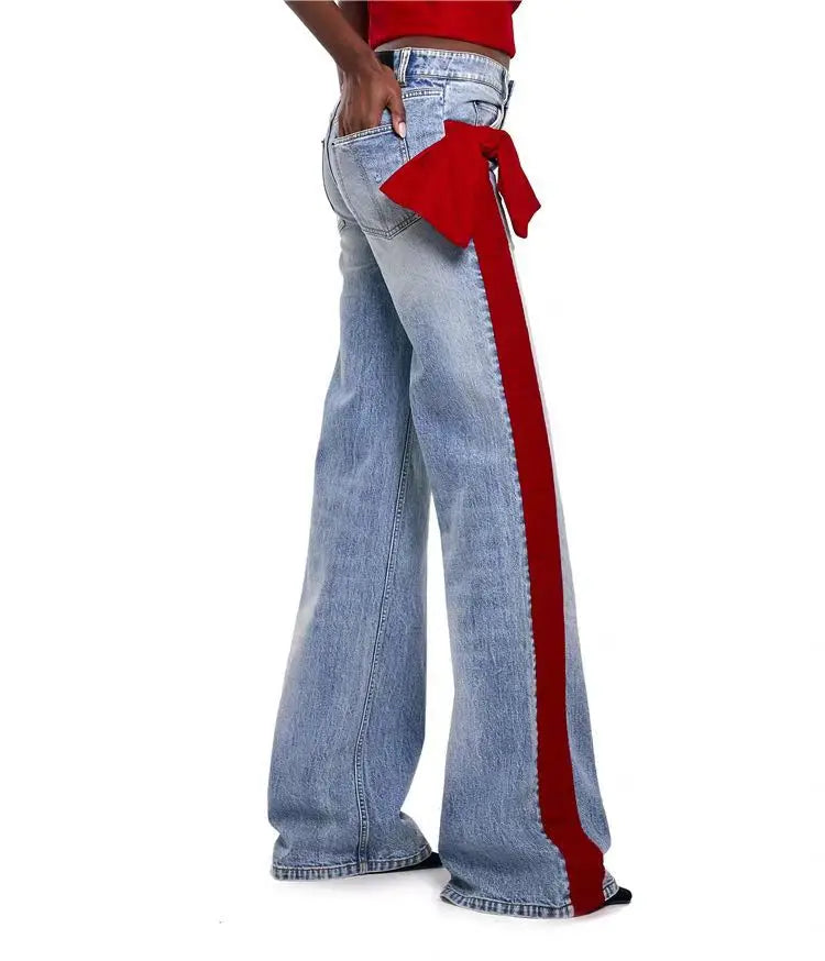 🍒Women's spring/autumn style Jeans fashion versatile slim Fit casual pants with linear and  bow detail decoration tie bow trousers  flared leg denim Line Up For These Bow Lines