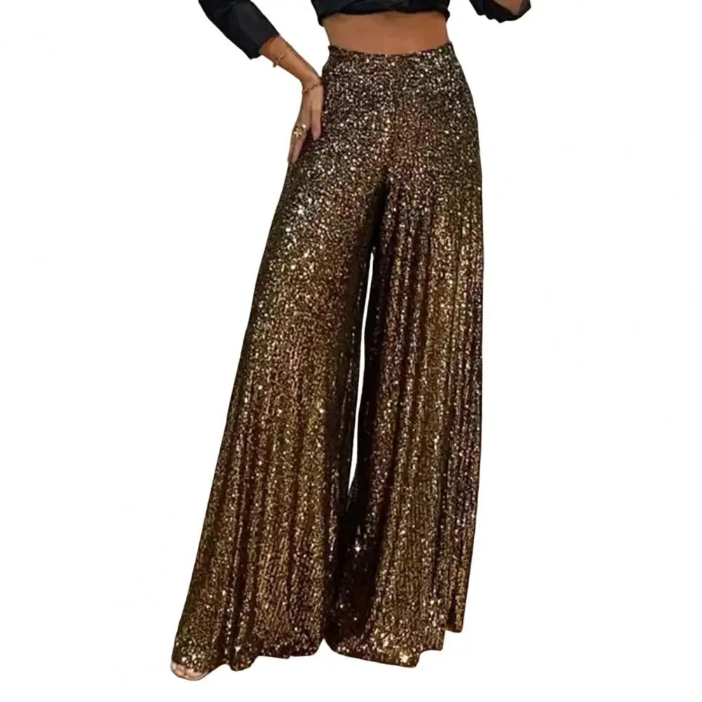 🍒High waist elastic wide leg  pants full length womens pants for night club with sequins Loose occasion party weat They Will Take A ComPLETEly WIDE Birth To Appreciate This