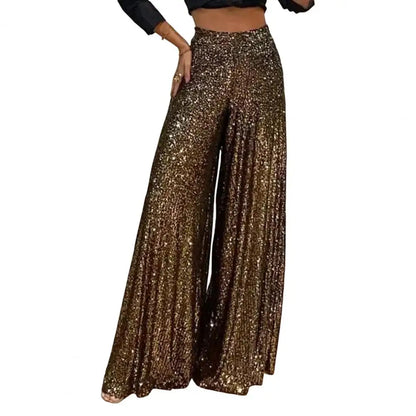 🍒High waist elastic wide leg  pants full length womens pants for night club with sequins Loose occasion party weat They Will Take A ComPLETEly WIDE Birth To Appreciate This