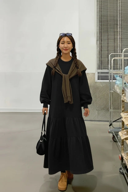 🍒Oversized dress solid color loose outfit long sleeve maxi fashion for women o-neck a-line outfits casual wear Feel Good Tiers Of Joy