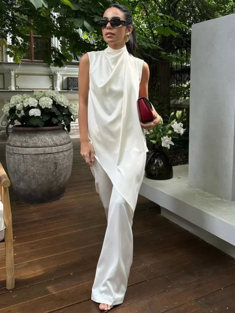 🍒White satin two piece set silk outfits Irregular fashion sleeveless party wear long tops for women  and high waist trouser suit part occasion wear Get A Fashion Angle