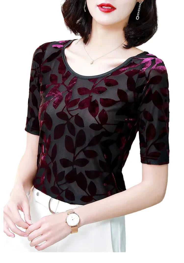 🍒Summer tops for women round neck velvet top devore t-shirt fashion flower gauze short sleeve tee smart casual clothing