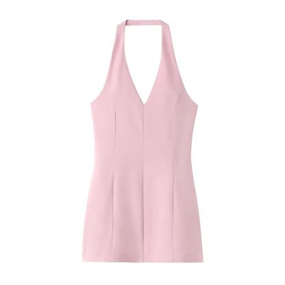 🍒Fashion dress solid v-neck solid mini dress sleeveless backless for women female fashion summer wear beach wear style