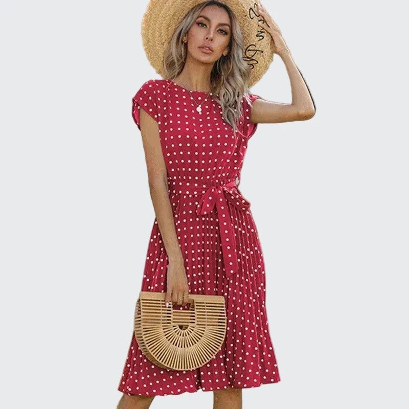 🍒Summer dresses for women high waist midi outfit with pleats elegant pleated polka dots short sleeve fashion office clothing vacation wear  Don’t Delay Dotties
