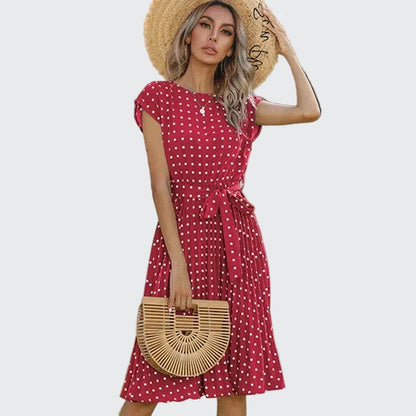 🍒Summer dresses for women high waist midi outfit with pleats elegant pleated polka dots short sleeve fashion office clothing vacation wear  Don’t Delay Dotties