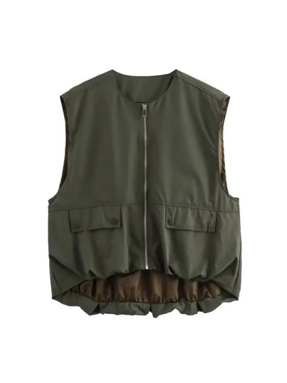 🍒Cargo style vest oversized light jacket o neck spring zipper pocket waistcoat female fashion crop top Y2K casual clothes Spring To This Zipper