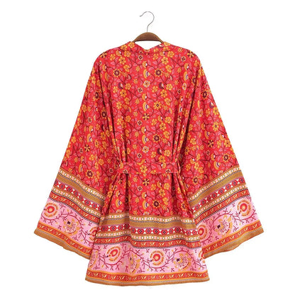 🍒Beach coverups wild floral print short light kimono jacket batwing duster bohemian ladies v-neck rayon short bikini swimwear cover over vacation wear holiday clothing casual wear  Colourful Comfort