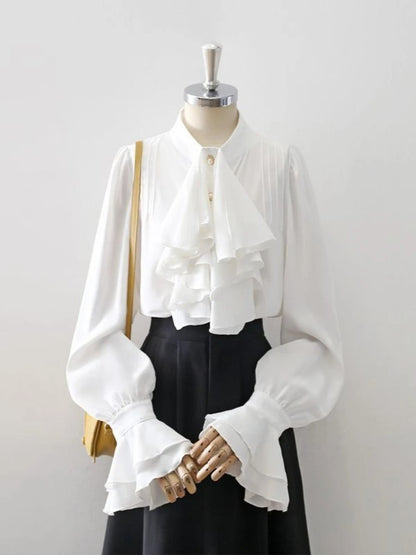 🍒Vintage blouse court style button fold flare sleeve slim pure white shirt with ruffles women elegant stand collar top female smart casual wear office clothing occasion clothing  No One Will Judge You With This Cool Court Style Blouse