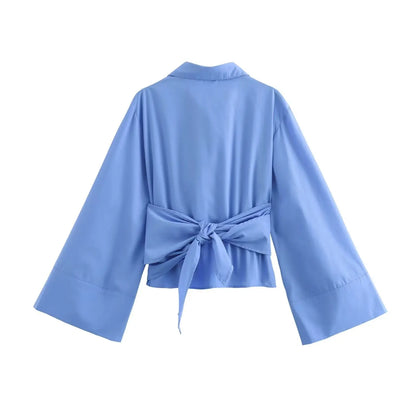 🍒Long sleeve shirt jacket women's tie top with wide sleeves female fashion clothing basic solid shirt smart casual blouse  Picture Yourself In This Pastel