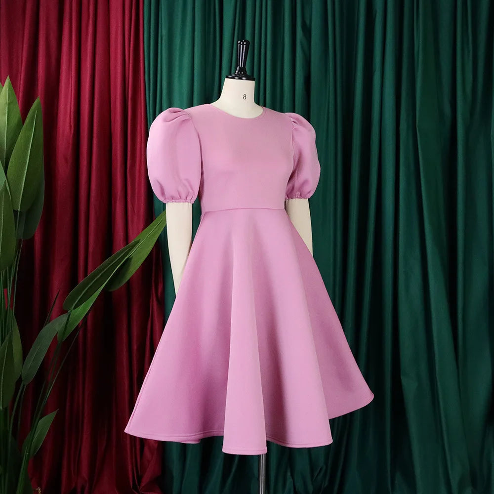 🍒Elegante rokke vir dames met O-nek, kortmoue, uitrusting vir verjaarsdagpartytjie, hoë middellyf, geplooide pofmoue, vrouemodemode, geleentheidsdrag, aandpartytjiedrag, middelkalf, luukse B'day Bopper Beauty Babe