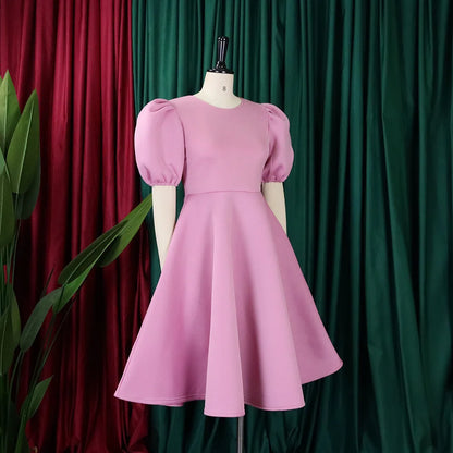 🍒Elegante rokke vir dames met O-nek, kortmoue, uitrusting vir verjaarsdagpartytjie, hoë middellyf, geplooide pofmoue, vrouemodemode, geleentheidsdrag, aandpartytjiedrag, middelkalf, luukse B'day Bopper Beauty Babe