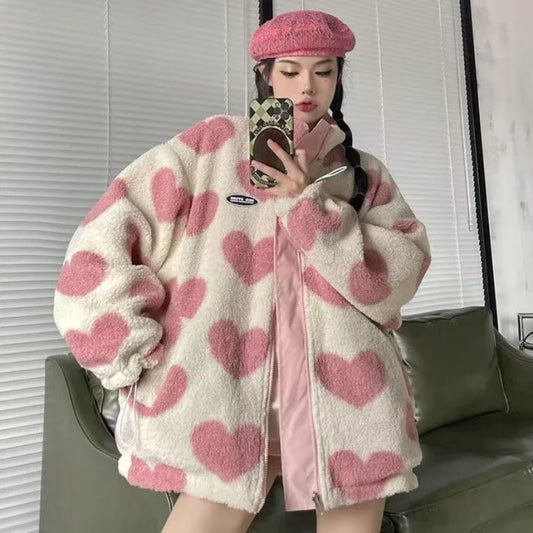 🍒时尚立领外套仿羊羔毛皮夹克女式保暖外套秋冬女式外套心形印花立领外套 Ya 心形印花外套