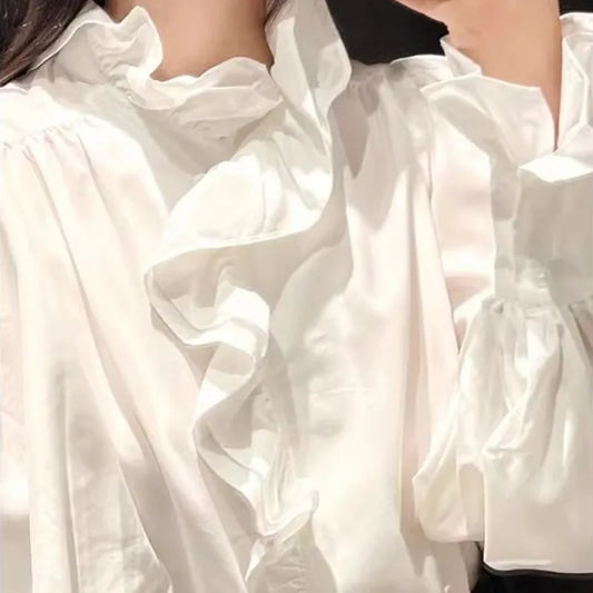 🍒法式白色荷叶边衬衫 女士长袖不规则立领时尚衬衫 复古褶皱通勤办公柔软甜美上衣 场合服装 商务休闲装 用这款不对称衬衫在您的包中平衡荷叶边