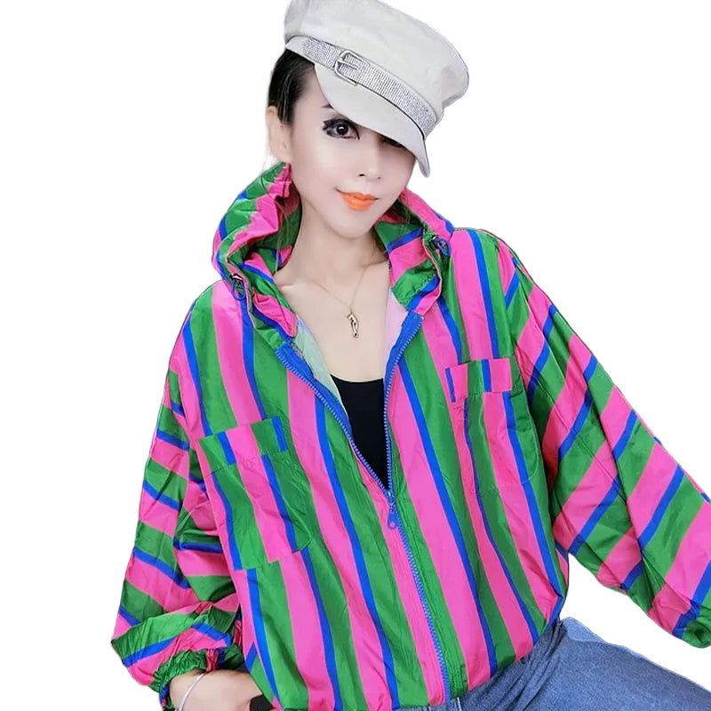 🍒Hooded windbreaker Jacket women streetwear long sleeves spring top quick drying Y2k striped clothing fashion casual bomber women    Swipe Right To This Right Stripe