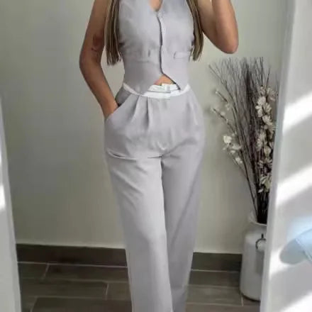 🍒Elegant two piece sets for women summer fashion wear buttoned vest top and high waist wide leg pants with pockets straight leg trouser set Run Over This Double Line No Penalty