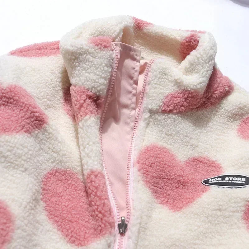 🍒Fashion Stand-up Collar OutwearFaux lambswool fur jacket women's warm coat autumn winter outerwear for women heart print stand collar coat Ya Hearts Printed On This