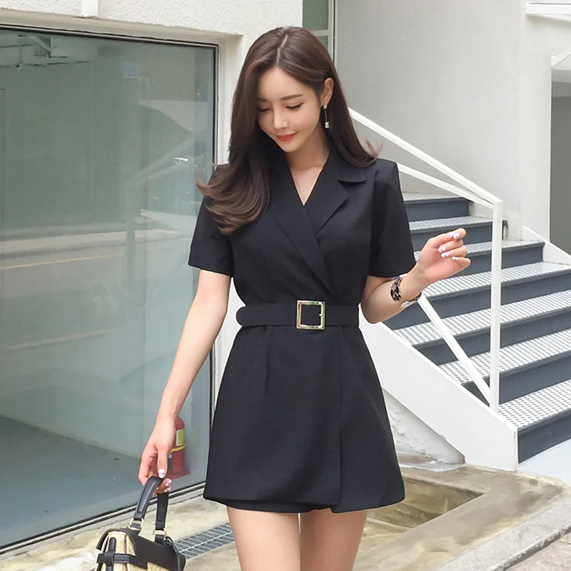 🍒Black blazer playsuit women short sleeve jumpsuit with belt office wear party occasion wear Suits Work And Play