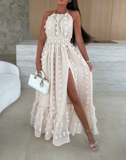 🍒3d floral backless dress split or slit decoration dress summer women party occasion wear solid colour outfit high waist sleeveless evening wear Pink Champagne Or Rum With Black