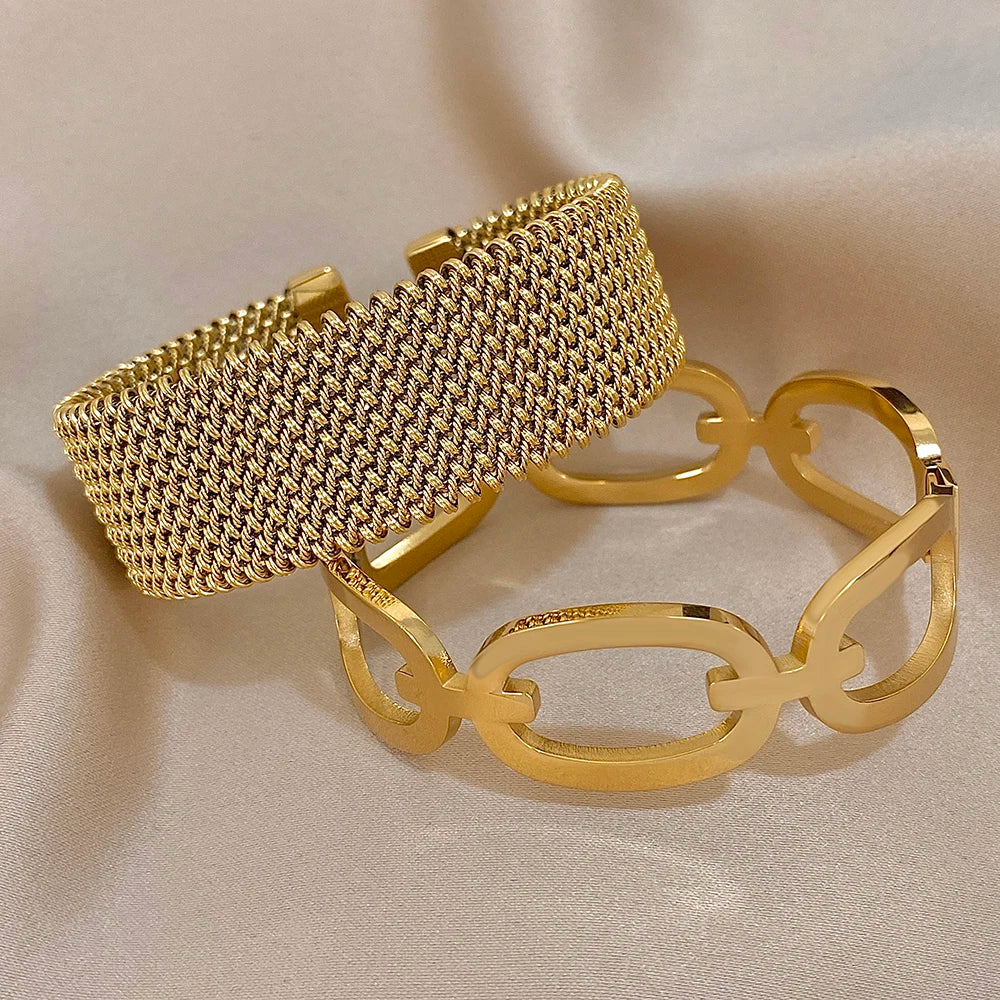🍒Vintage Y2K stainless steel cuff bracelet wide weave open cuff bangle bracelet for women hollow waterproof stackable occasion jewellery for party smart casual jewellery gift Send A MESH -age