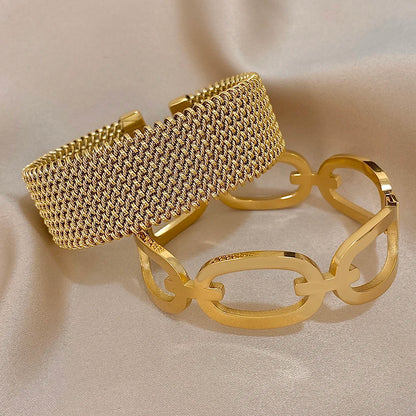 🍒Vintage Y2K stainless steel cuff bracelet wide weave open cuff bangle bracelet for women hollow waterproof stackable occasion jewellery for party smart casual jewellery gift Send A MESH -age