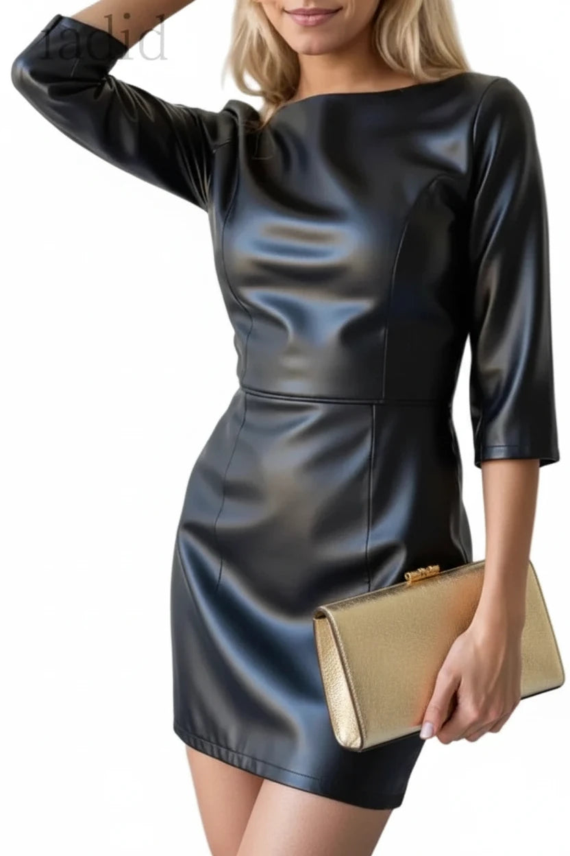 🍒Kunsleer minirok, ronde nek ontwerpe, driekwartmou-uitrusting, swart partytjie, vroue, soliede kleur klere, mode, bodycon, klubdrag, geleentheidsdrag, Leer-voorkoms