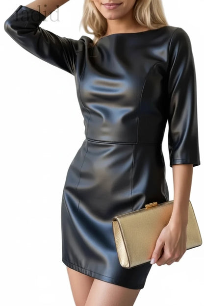 🍒Kunsleer minirok, ronde nek ontwerpe, driekwartmou-uitrusting, swart partytjie, vroue, soliede kleur klere, mode, bodycon, klubdrag, geleentheidsdrag, Leer-voorkoms