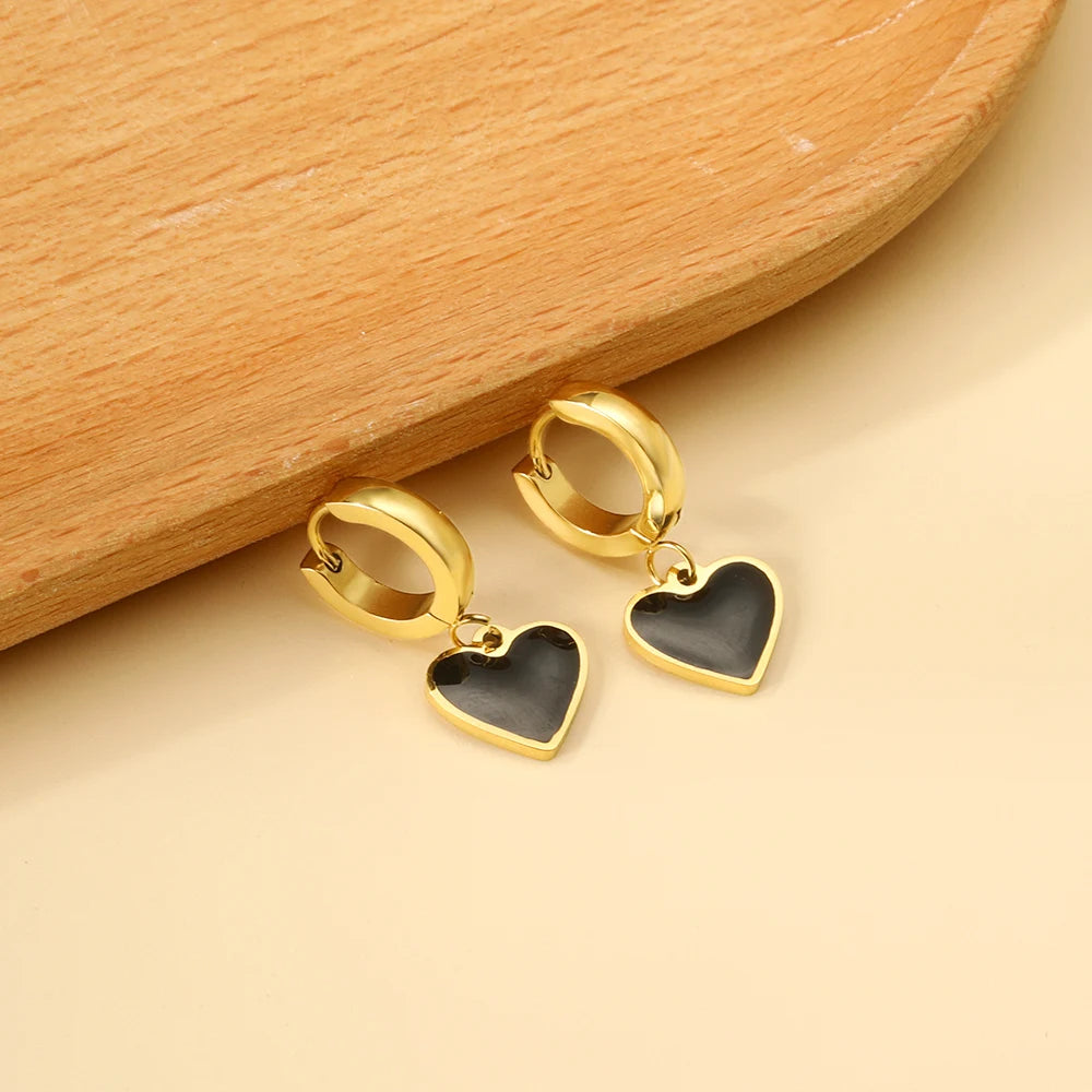 🍒 Stainless Steel Hoop Earrings enamel love heart Women Oil Drip jewelry Blue Black Red dangle drop earrings Always Love Drops