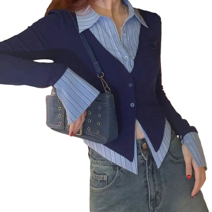 🍒Button up women's shirt top full sleeve womens blouses striped cropped shirt aesthetic elegant social chic fashion clothes