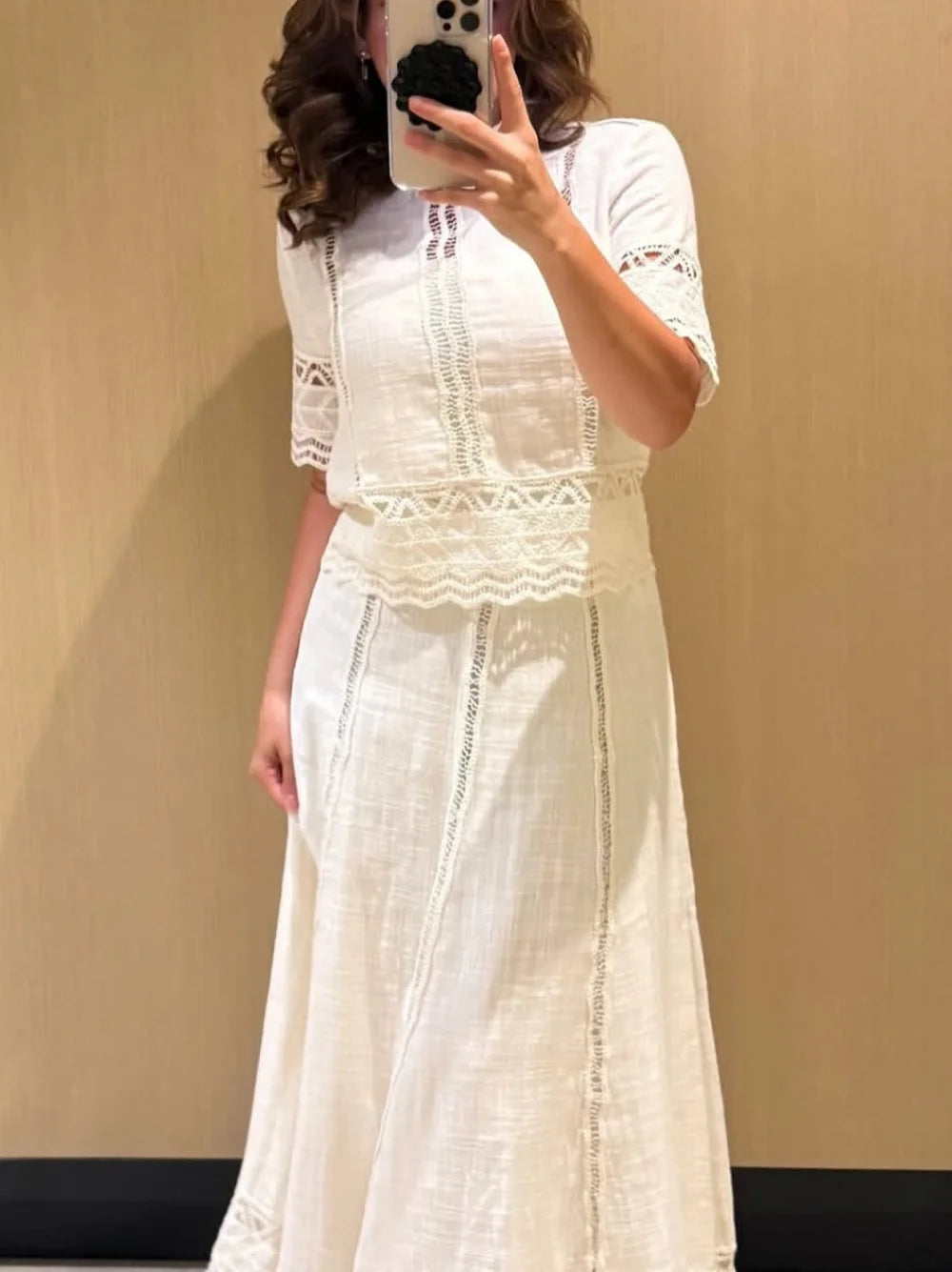 🍒Crochet top round neck design  short sleeve smart casual women  and matching white midi a- line skirt with side zipper suit The White Summer