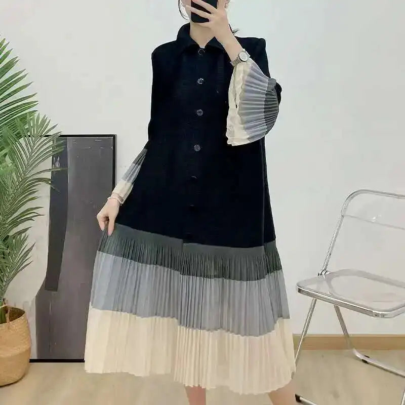🍒Ruffle pleated midi dress lapel button and flared sleeve women fashion single breasted loose outfit contrast colour
