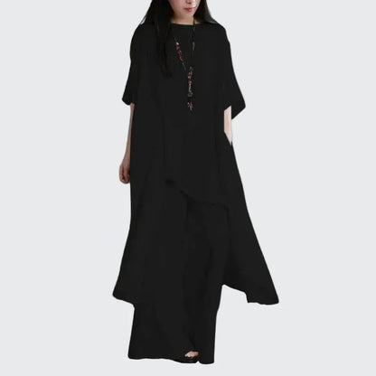 🍒Two-piece set for women shirts and pants outfit holiday cotton linen style wide leg trousers and asymetric top short sleeve blouse suit summer clothing  Layback Loose Linen-y Lovely