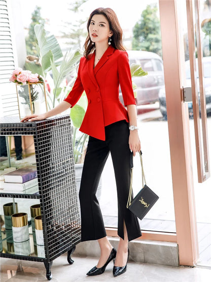 🍒Rooi 2-stuk damespak mode rompstel sakeklere kantoordrag ligte blazers vir vroue halfmou top en miniromp Berry Beautiful