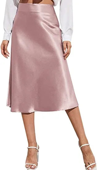 🍒Satyn hoë middellyf midi-romp, effekleur, a-lyn romp, syerig, elegante modepartytjie, slim gemaklike drag vir vroue - Skitter In Satyn