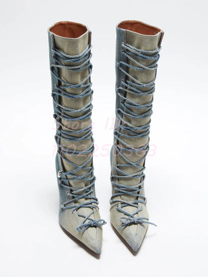 🍒Lace up jeans boots blue with heel long pointed toe stilettos runway fashion shoes modern denim footwear for women Dressy Denims