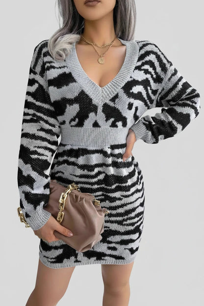 🍒Casual knit dress print design v- neck mini outfits long sleeve bodycon knitwear spring summery casual wear for women LILLY up your wardrobe with a TIGER
