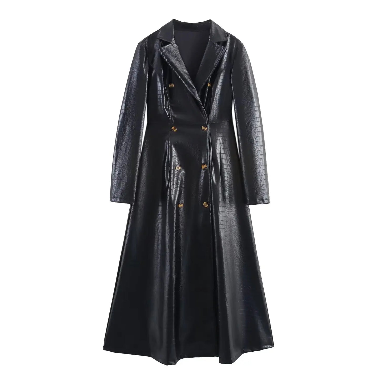 🍒Ekstra lang kunsleer-trenchcoat vintage maxi luukse pu dubbelbors swart ontwerper-buiteklere klere slim gemaklik Krokodilstyl