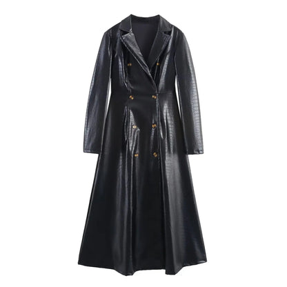 🍒Ekstra lang kunsleer-trenchcoat vintage maxi luukse pu dubbelbors swart ontwerper-buiteklere klere slim gemaklik Krokodilstyl