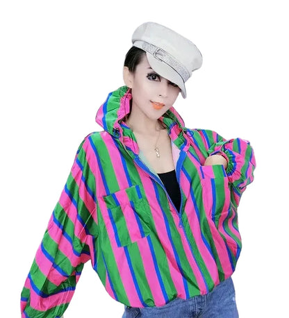 🍒Hooded windbreaker Jacket women streetwear long sleeves spring top quick drying Y2k striped clothing fashion casual bomber women    Swipe Right To This Right Stripe