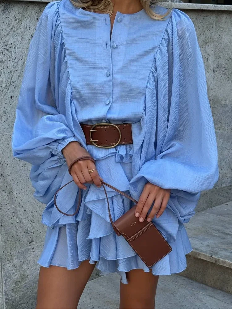 🍒Rondehals langmou minirok gelaag met romp elegante soliede klere vir vroue, rofrokke, enkelbors, sjiek modestraatklere, Poeffrokke, Somervroue.