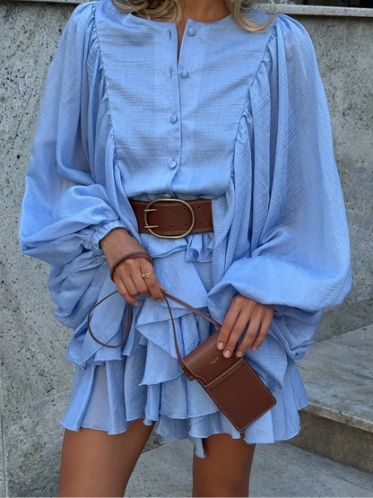 🍒Rondehals langmou minirok gelaag met romp elegante soliede klere vir vroue, rofrokke, enkelbors, sjiek modestraatklere, Poeffrokke, Somervroue.
