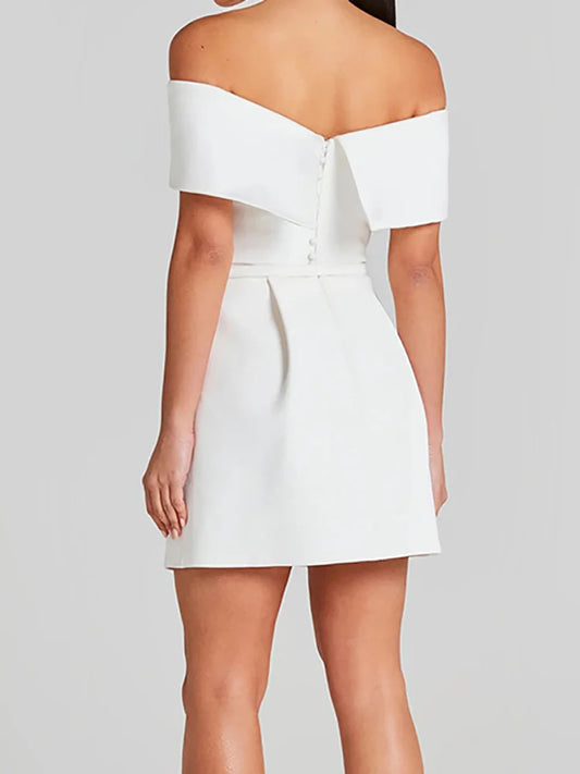 🍒Mixed media fashion short sleeve mini dress off the shoulder sleeves spring summer fashion solid party wear occasion wear Show A' Shapely Shoulder