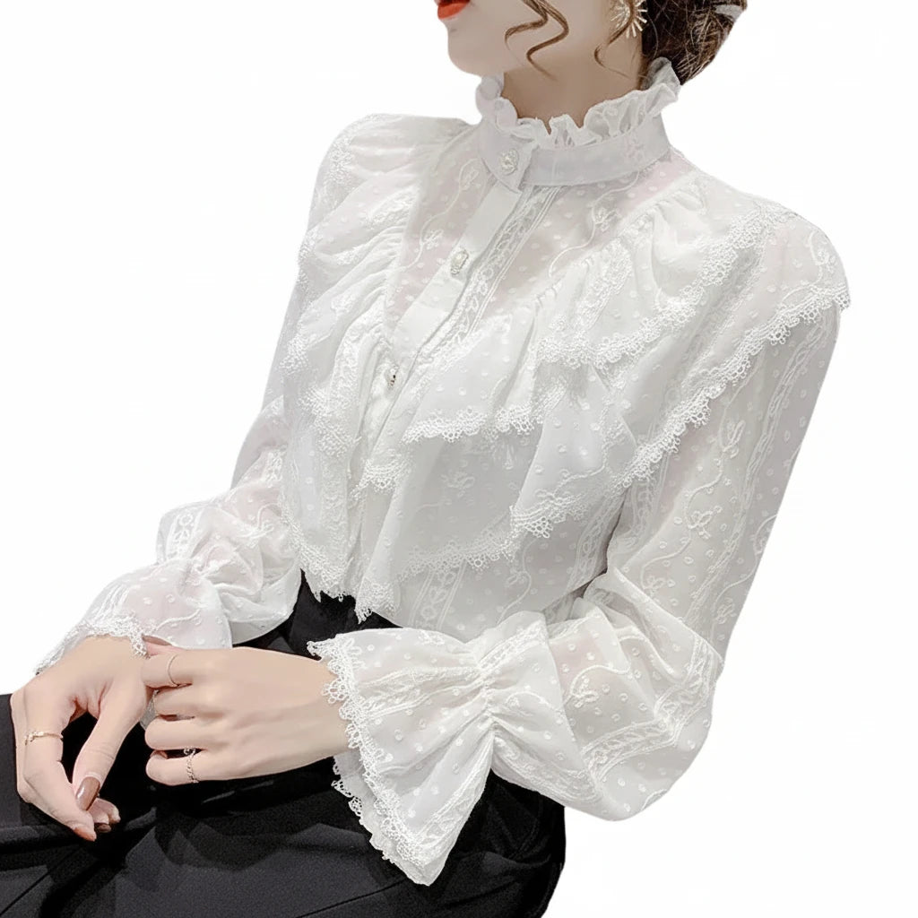🍒Long sleeve ruffle blouse loose spring fashion button white shirt elegant stand collar top women lace chiffon casual shirt occasion wear Look All 'white In White