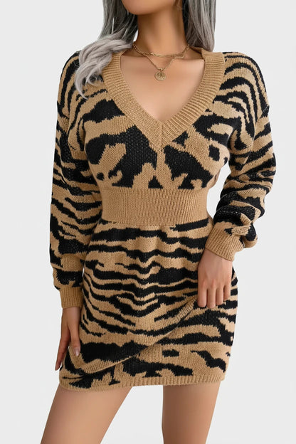 🍒Casual knit dress print design v- neck mini outfits long sleeve bodycon knitwear spring summery casual wear for women LILLY up your wardrobe with a TIGER