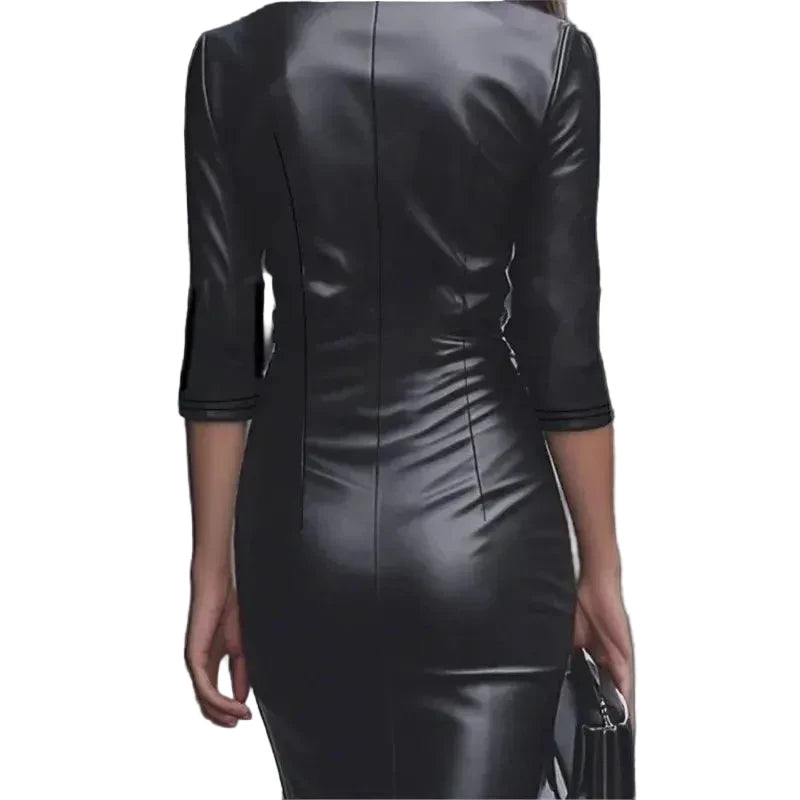 🍒Swart kunsleerrok dames, lapel-uitrusting, chique geleentheidsklere, vroulike modeklere, slimdrag, v-nek, noupassend, herfs- en winterdrag, Lavish Liquorice Leather Look
