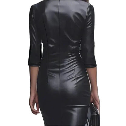🍒Swart kunsleerrok dames, lapel-uitrusting, chique geleentheidsklere, vroulike modeklere, slimdrag, v-nek, noupassend, herfs- en winterdrag, Lavish Liquorice Leather Look