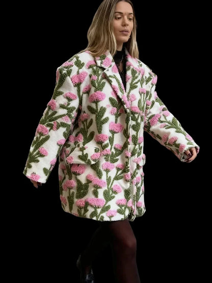 🍒Flower fleece jacket woman loose lapel long sleeve coat single breasted casual coat unique 3D floral outerwear clothing  Floral Fashion Fun Fleece