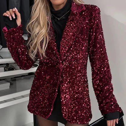 🍒Womens long jackets solid sequin outerwear occasion wear sequin party blazer single button fashion coats Look Blazing Hot This Winter