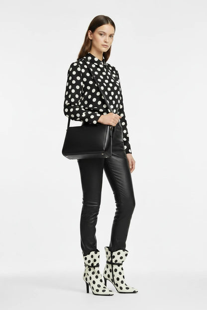 🍒Women's polka dot ankle boot white black pattern booties with ruffle top buckle decor pointed toe stiletto high heel fashion short boots  On The Spot Fine