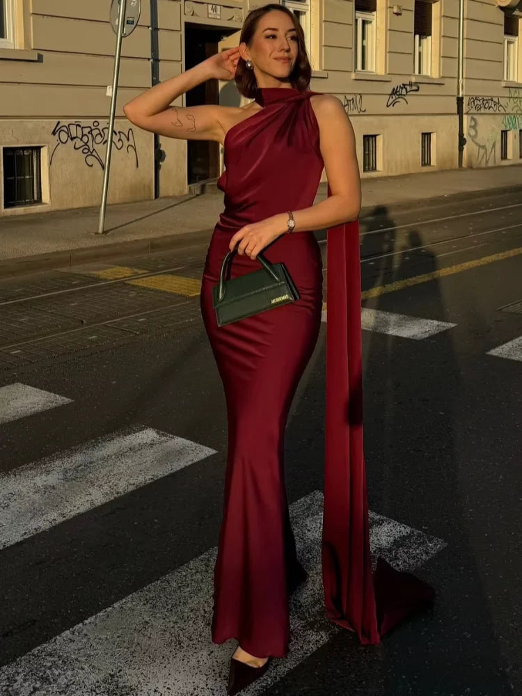 🍒Satin halter neck dress with scarf collar maxi dresses for women sleeveless backless long dress holiday wear evening party outfits Get Ready For A Trail Of Compliments
