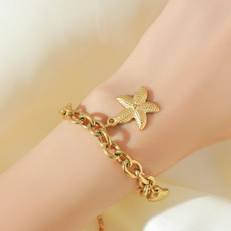 🍒Stainless steel star bracelet gold colour star charm moon starfish bracelet trendy wrist chain for women Jewellrey gifts  party accessories FISH Out This STAR